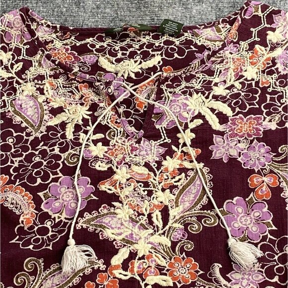 Eddie Bauer Blouse Womens S Purple Embroidered Tasseled Paisley Boho Semi Sheer - Picture 2 of 14
